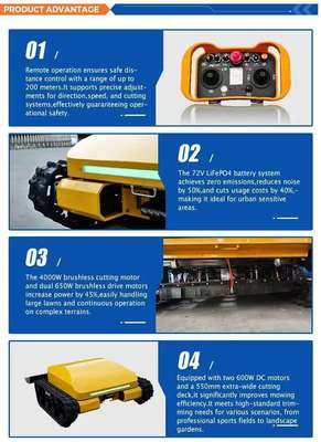 Дистанционно управляемая интеллектуальная ползучая газонокосилка, с литий-железофосфатной (LiFePO4) батареей, полным приводом, энергосберегающей и экологически чистой, и 3 часа непрерывной работы.